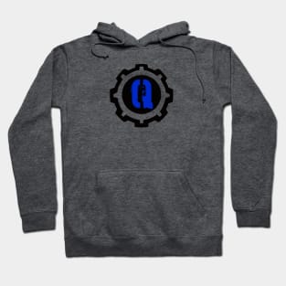 Blue Letter Q in a Black Industrial Cog Hoodie